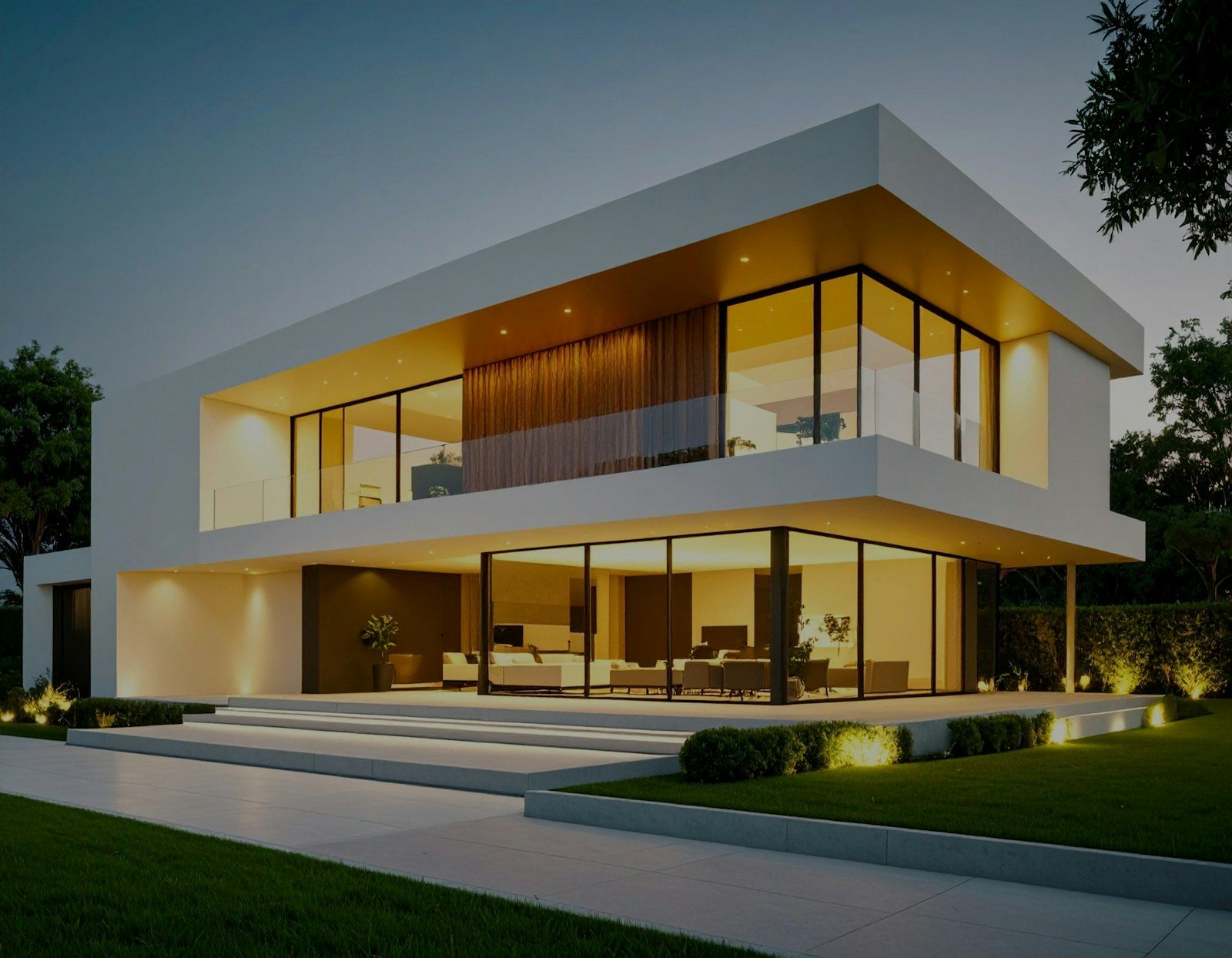 A newly built modern home lit up at dusk